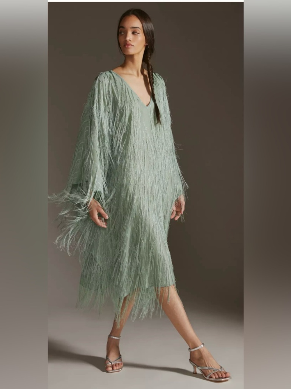 Anthropologie Maeve Fringed Shine Kaftan Sage Green Metallic Fringe Cover Up OS